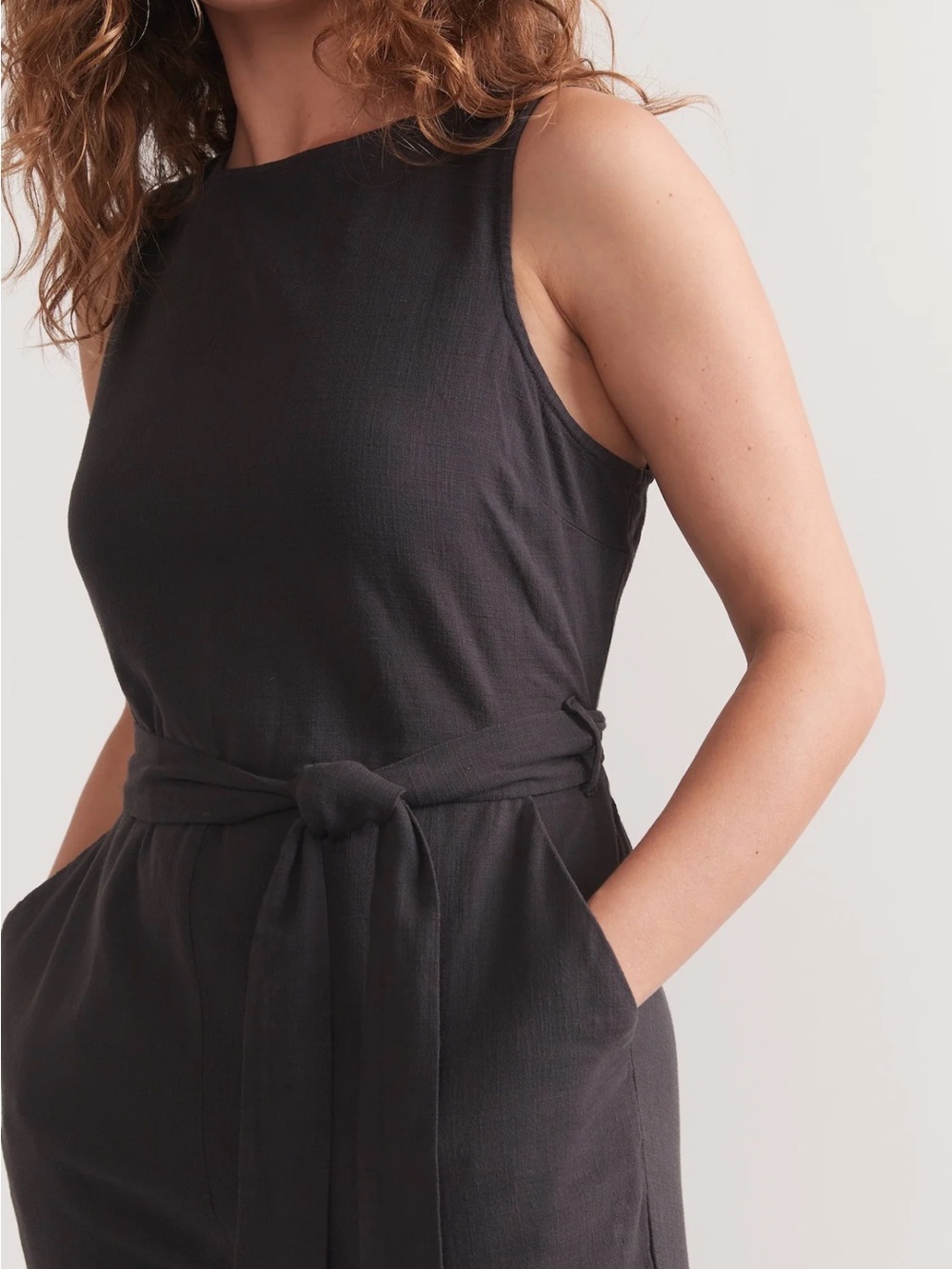 MARINE LAYER Eloise Jumpsuit Sleeveless Black Tie-Waist Tencel Stretch Sz Large - Picture 9 of 16